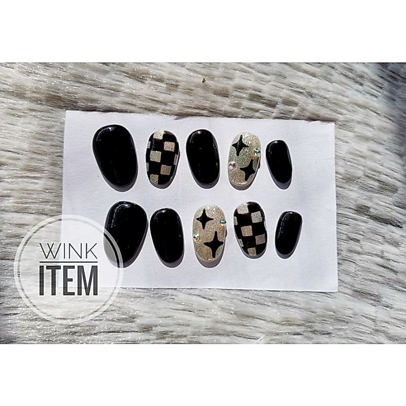 W092 เล็บปลอม​ เล็บ​ เล็บเจลแท้​ Nail​ เล็บเจลเพ้นท์ลายยโทนสีดำ​🖤​ มีกาว+ตะไบแถมให้ฟรี