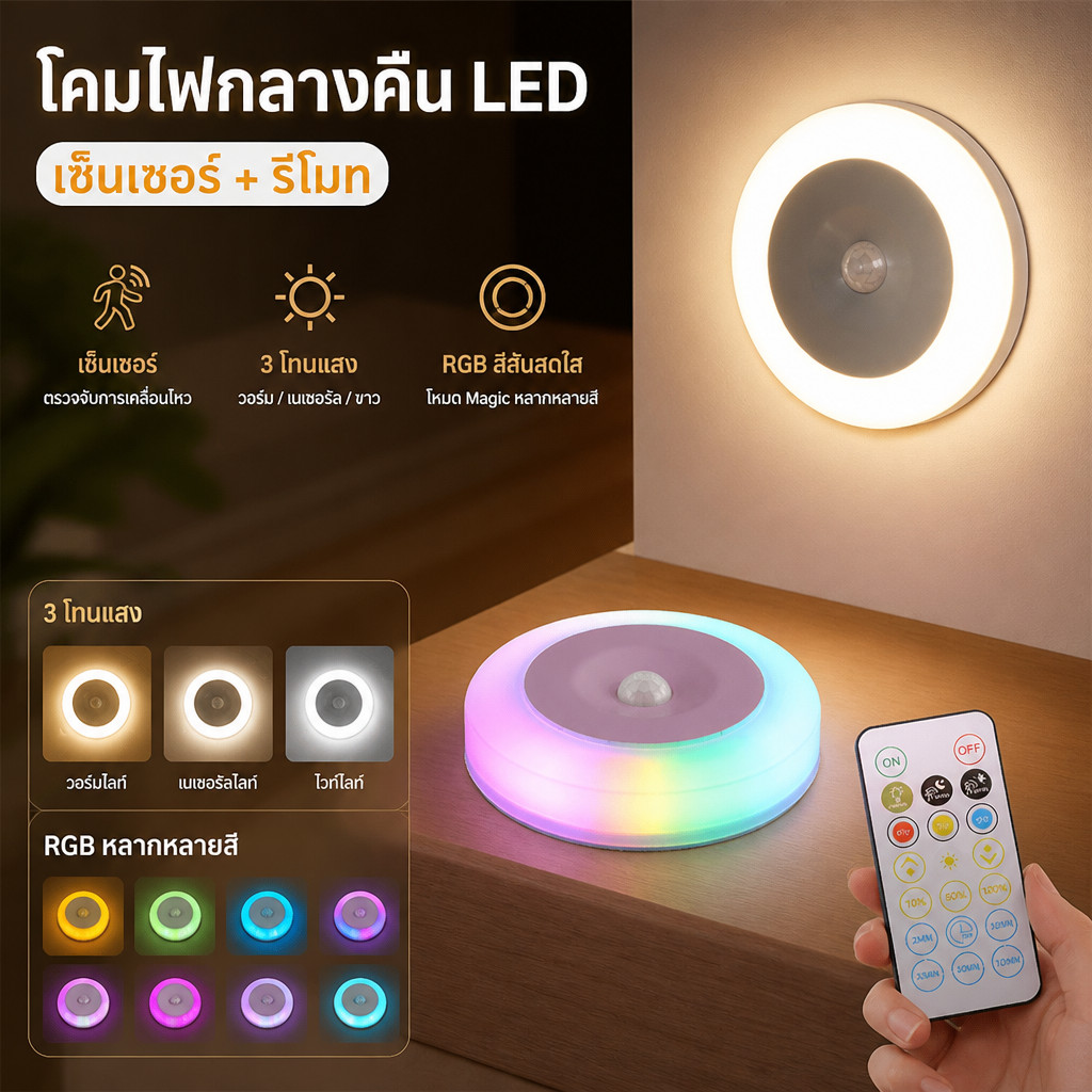 โคมไฟกลางคืน LED เซ็นเซอร์เคลื่อนไหว สีรุ้งสดใส เปลี่ยนสี ชาร์จ USB ไร้สาย เปิดปิดอัตโนมัติ ไฟทางเดิน