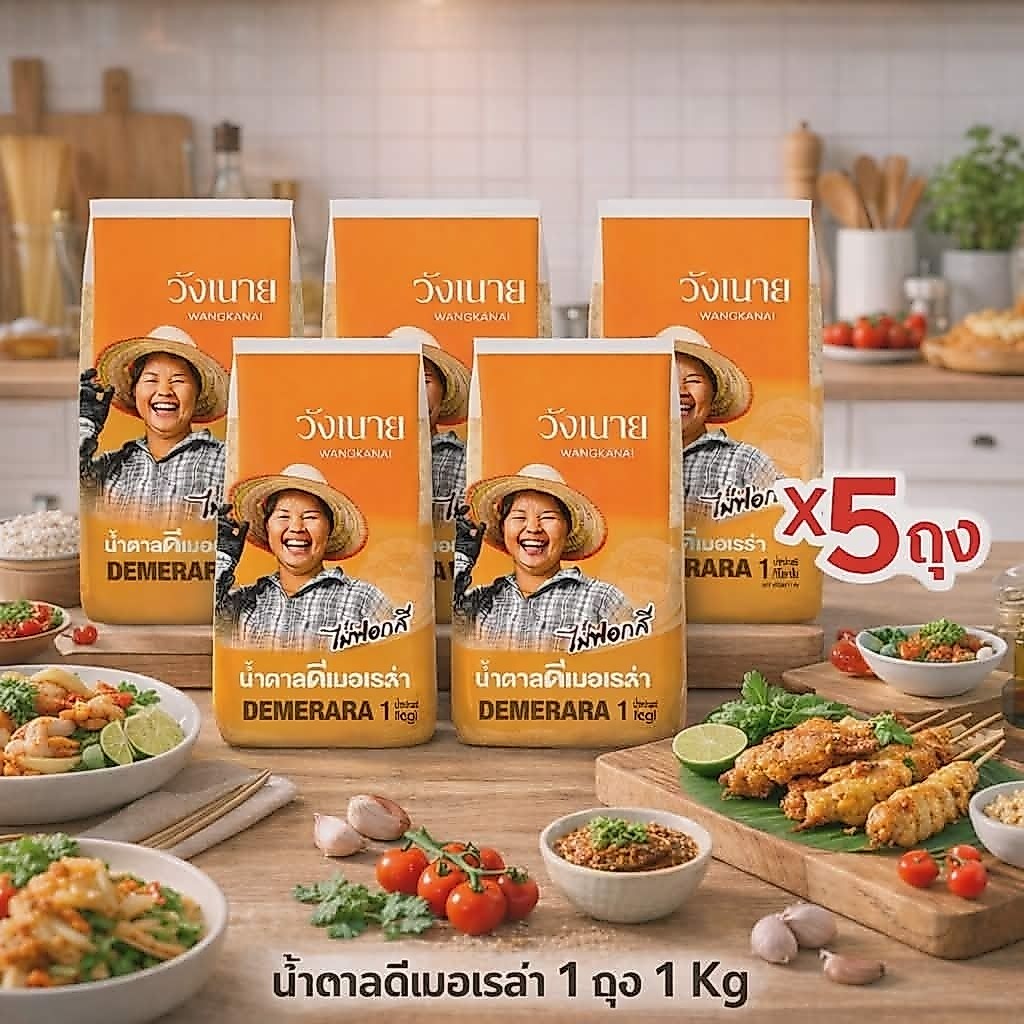 วังขนาย น้ำตาลทรายแดงดีเมอเรร่า แพ็ค 5 ถุง ถุงละ 1 Kg (1แพ็ค 5 Kg) น้ำตาลธรรมชาติ น้ำตาลคุณภาพ ราคาประหยัด