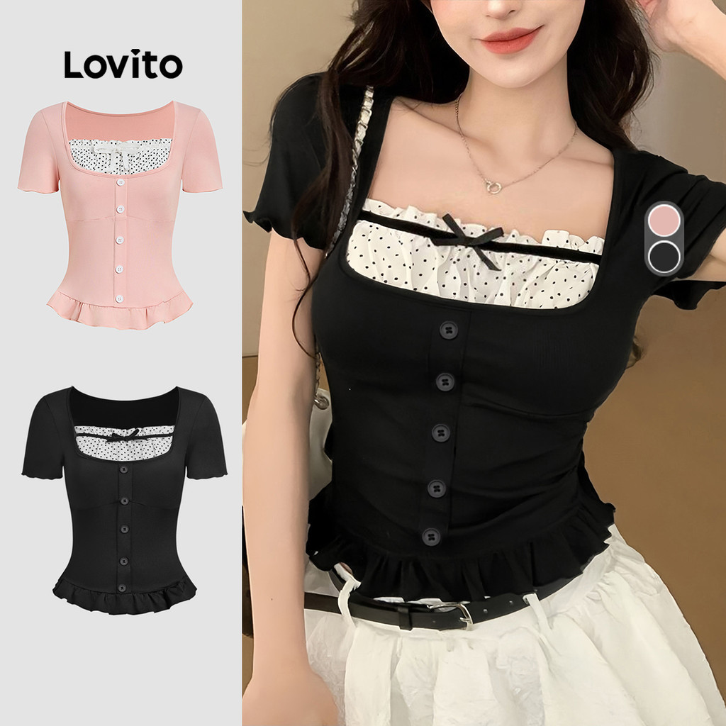 Lovito แคชชวล เสื้อยืดแฟชั่น 2 in 1 ดีไซน์โบว์ริบบิ้นตัดกัน สีสวยรับฤดูใบไม้ผลิ ฤดูร้อน สีดํา L139AD016