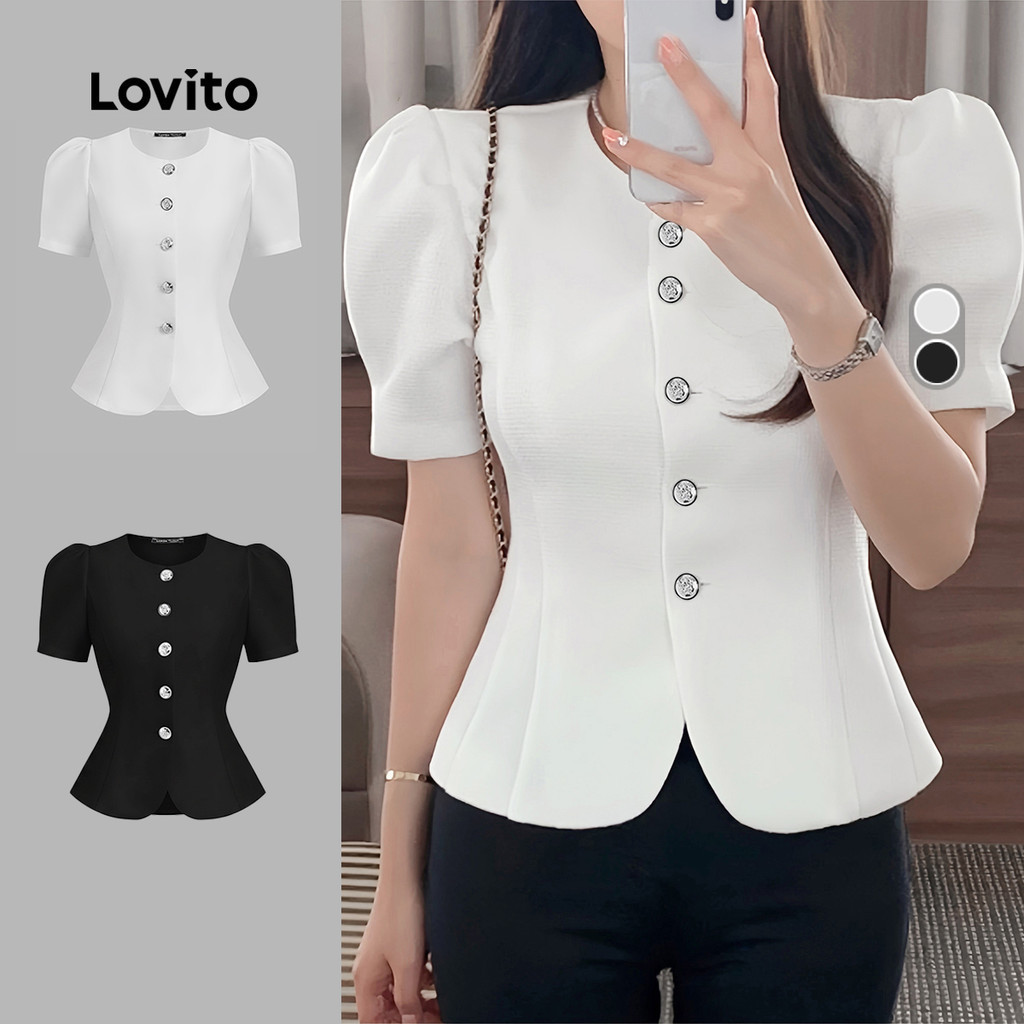 Lovito สง่างาม เสื้อเชิ้ตสีขาวออกครีมสไตล์เรียบง่ายแต่หรูหราสำหรับเดินทาง กระดุม เสื้อเชิ้ตฤดูใบไม้ผลิ/ฤดูร้อนสำหรับผู้หญิง L138ED319
