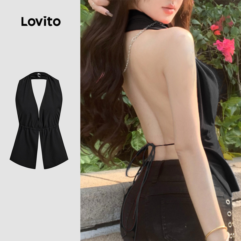 (Boho) Lovito เสื้อครอปลายหลังเปิดหลังดำทรงเซ็กซี่สำหรับผู้หญิงในฤดูใบไม้ผลิ/ฤดูร้อน L144AD329