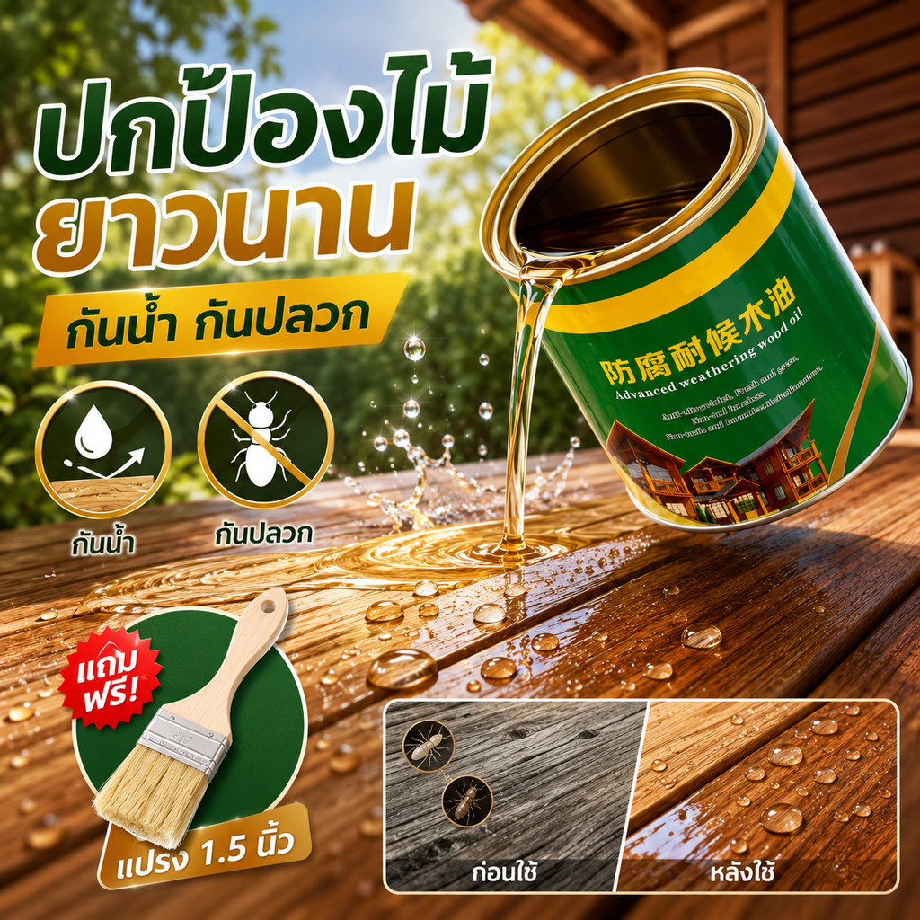 น้ำมันเคลือบไม้ 530ml สีใส กันน้ำ กันแดด กันปลวก ฟื้นฟูไม้เก่า ทาเฟอร์นิเจอร์ไม้ รั้วไม้ ระเบียงไม้ แถมแปรง COD