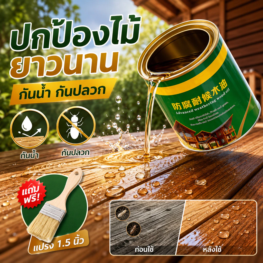 น้ำมันเคลือบไม้ 530ml สีใส กันน้ำ กันแดด กันปลวก ฟื้นฟูไม้เก่า ทาเฟอร์นิเจอร์ไม้ รั้วไม้ ระเบียงไม้ แถมแปรง COD