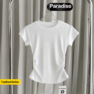 Paradise | เสื้อครอปสม็อคข้าง ผ้ายืดหยุ่น ใส่สบาย ทรงเข้ารูป เสื้อแฟชั่นผู้หญิง เสื้อครอปแขนสั้น สไตล์เกาหลี แมทช์ง่าย