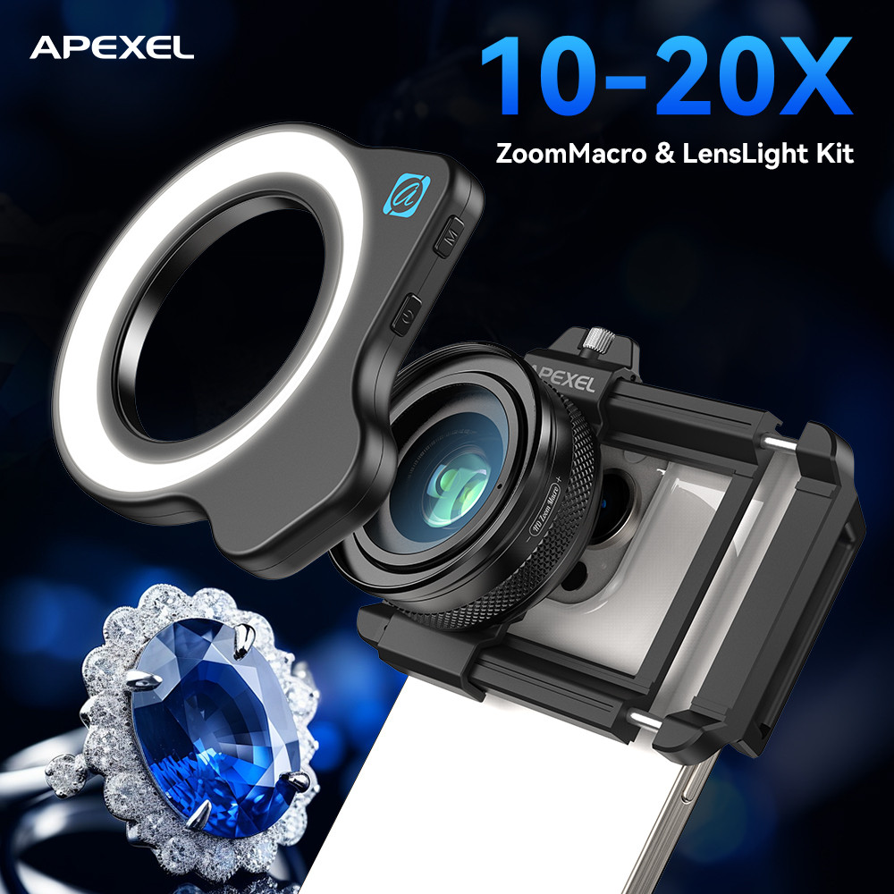 APEXEL เลนส์มาโครซูม 10-20 เท่า พร้อมไฟ LED ชุดเลนส์กล้อง HD แบบคลิปสากลสำหรับสมาร์ทโฟน iPhone Samsung