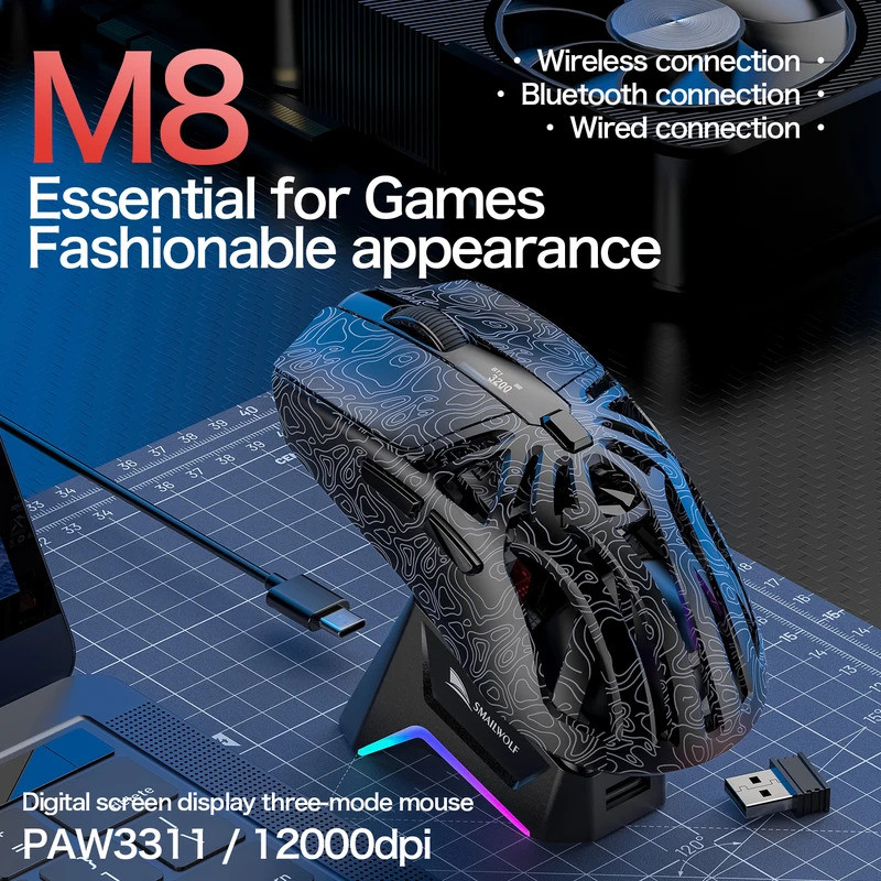 SMAILWOLF M8 เมาส์ไร้สายบลูทูธ e-sports gaming การเขียนโปรแกรมมาโครการเชื่อมต่อสามโหมด PAW3311 เมาส์ดีไซน์น้ําหนักเบา