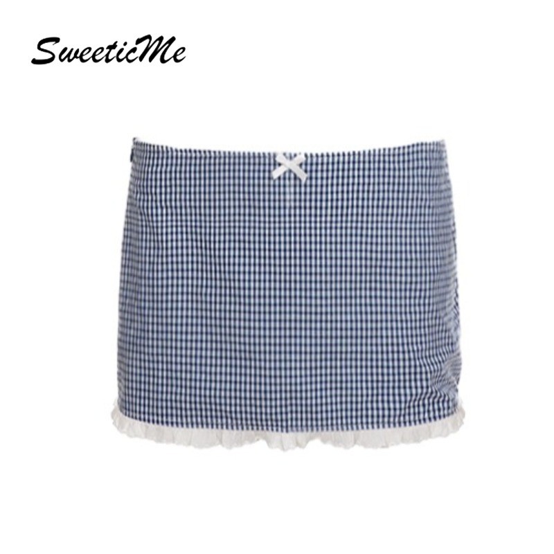 SweeticMe กระโปรงมินิลายตารางแบบลูกไม้ ทรงต่ำเอว สไตล์แคชวลสำหรับผู้หญิง