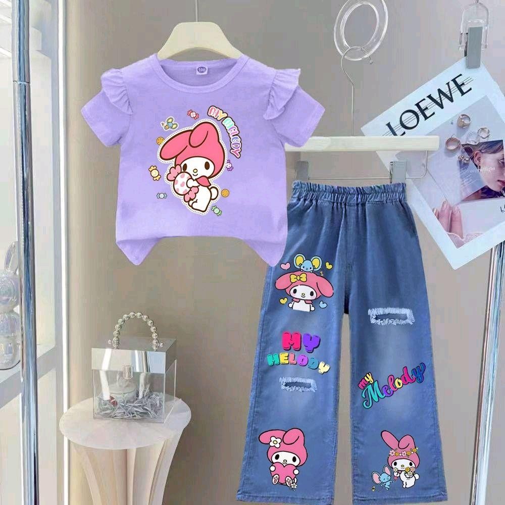 Pinkชุดตามกระแส ชุดเซ็ทเด็ก เสื้อแขนปีกนก+กางเกงยีนส์เทียม (ผ้าฝ้ายโพลี) รูปที่ 2