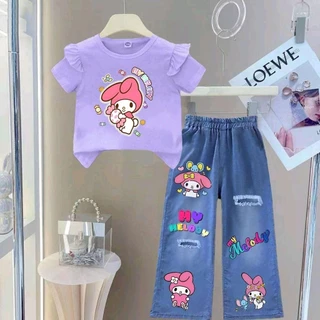 Pinkชุดตามกระแส ชุดเซ็ทเด็ก เสื้อแขนปีกนก+กางเกงยีนส์เทียม (ผ้าฝ้ายโพลี)