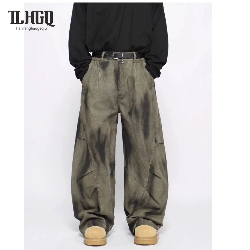 TLHGQ KYUSHUAD กางเกงยีนส์ผู้ชาย แบบสบาย ๆ มีจีบ เหมาะสำหรับสวมใส่ทุกวัน