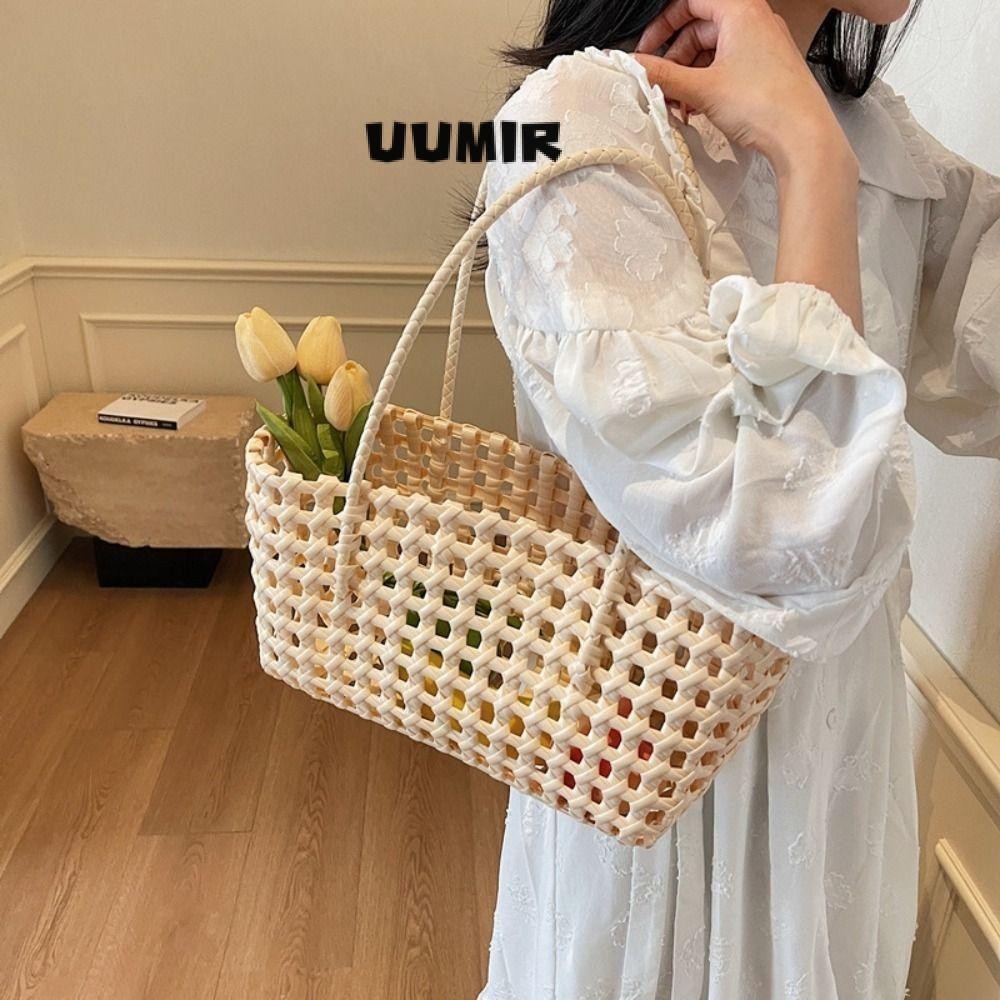 UUMIR Tote Bag กระเป๋าสะพายไหล่ผู้หญิงความจุขนาดใหญ่กลวงกระเป๋าถือสีทึบทอเรียบง่าย