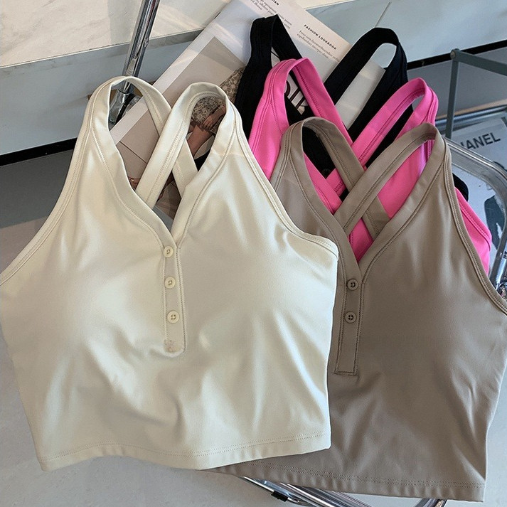 【MAGGIEYOGA】 (เบาะคงที่) สปอร์ตบราโยคะปุ่มคอวีกลางแจ้งสไตล์ Cross Back Fitness Running