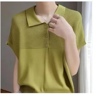 Red Berryเสื้อยืดคอกลมแขนสั้นคอโปโลฤดูร้อนสำหรับผู้หญิง คอตุ๊กตาหลวม แขนไหล่ตก สไตล์บาง 88015