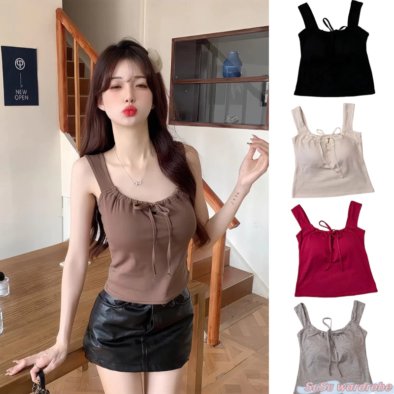 SuSu🎀พร้อมส่ง🎀 เสื้อไม่มีแขน สไตล์เกาหลี เสื้อคอสี่เหลี่ยมสีเรียบ สายเดี่ยว ดีเทลผูกโบว์น่ารัก เสริมฟองน้ำในตัว FY068