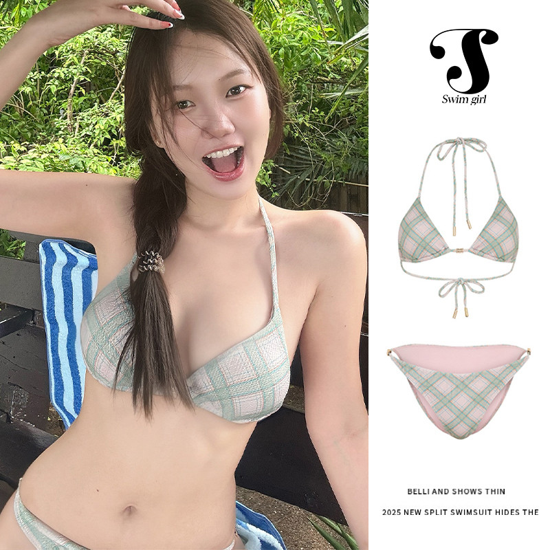siwm girlส่งไวจากไทย บิกินี่ เซ็กซี่ ทูพีช ลายสก็อต bikini set ผูกคอ เว้าหลัง