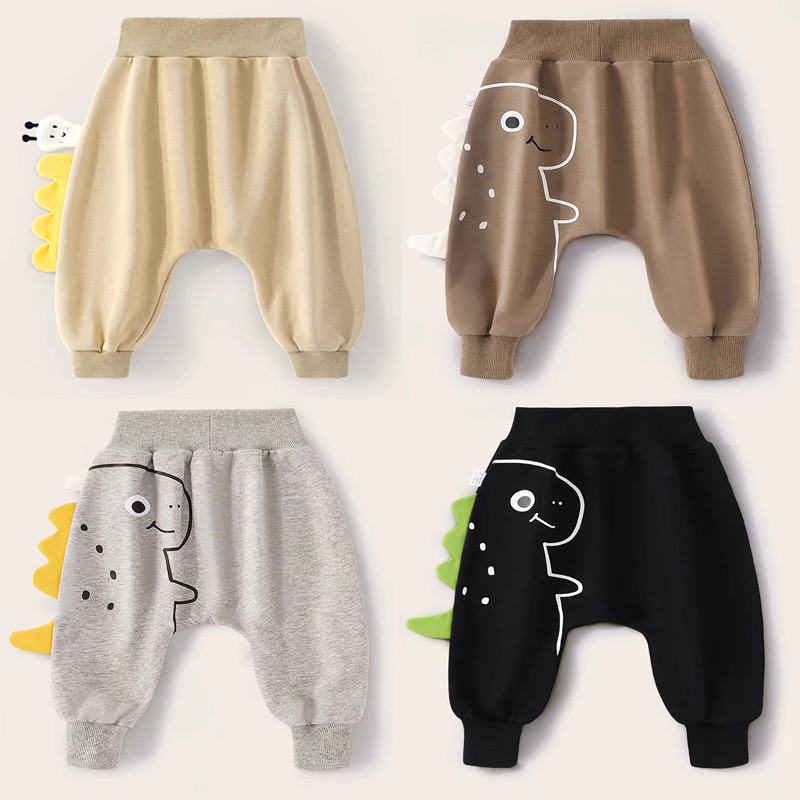 กางเกงเด็กลายไดโนเสาร์ 3D สไตล์ฤดูใบไม้ผลิ-ใบไม้ร่วง กางเกงก้นบานเด็ก เอวสูง น่ารักการ์ตูน ระบายอากาศสบาย ปลอดภัยดีต่อสุขภาพ