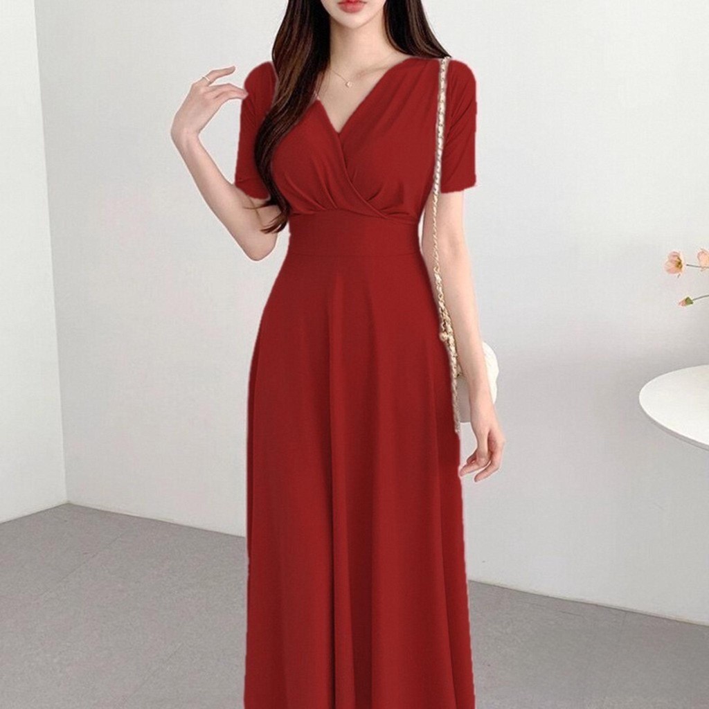 summer red dress เดรสทํางาน สบายๆ ผู้หญิง เดรสคริสต์มาส วินเทจ คอวี หรู XXL