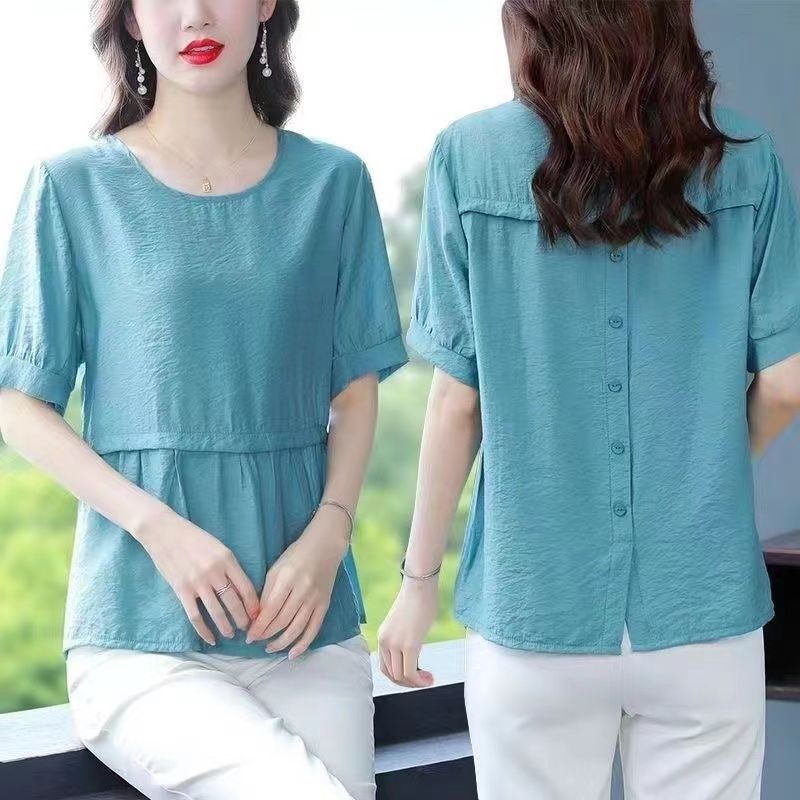 ผ้าฝ้าย 100% ผ้าลินินรอบคอแขนสั้นเสื้อยืดสไตล์เกาหลีแฟชั่นหลวมปกท้องเสื้อขนาดเล็กด้านบนผู้หญิง 9.11 