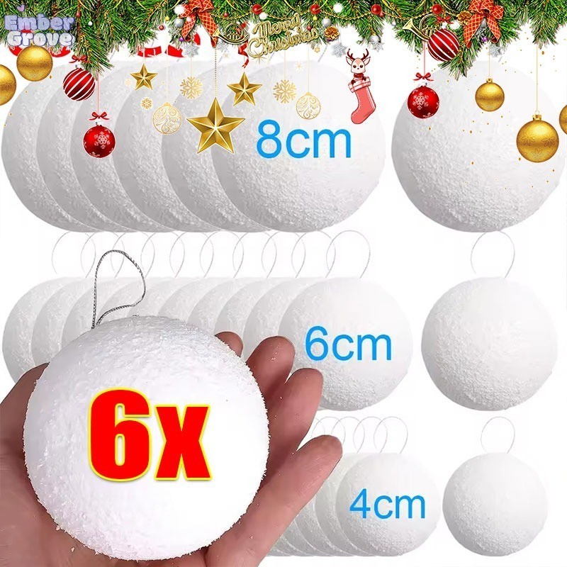 4/6/8cm ลูกบอลหิมะโฟมสีขาวคริสต์มาส 6 ชิ้น / ลูกบอลประดับต้นคริสต์มาสทรงกลมสำหรับตกแต่งวันคริสต์มาส