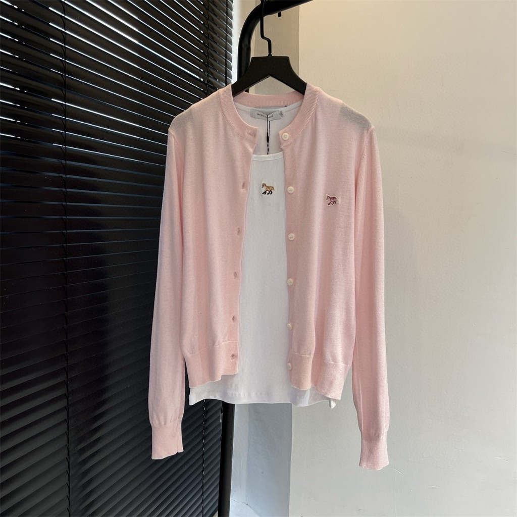 เสื้อกั๊กสีชมพู Maison Kitsune แบบถักสำหรับฤดูใบไม้ผลิและฤดูร้อน ดีไซน์ใหม่จาก Little Fox 3338
