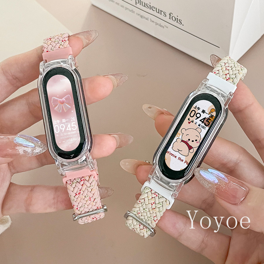 เคสใส + สายรัดไนลอนสําหรับ Mi Band 10 สร้อยข้อมือรุ่นเซรามิกสําหรับ Xiao Mi Band 10 8 9 7 5 6 4 3 สายรัดข้อมือแบบถัก