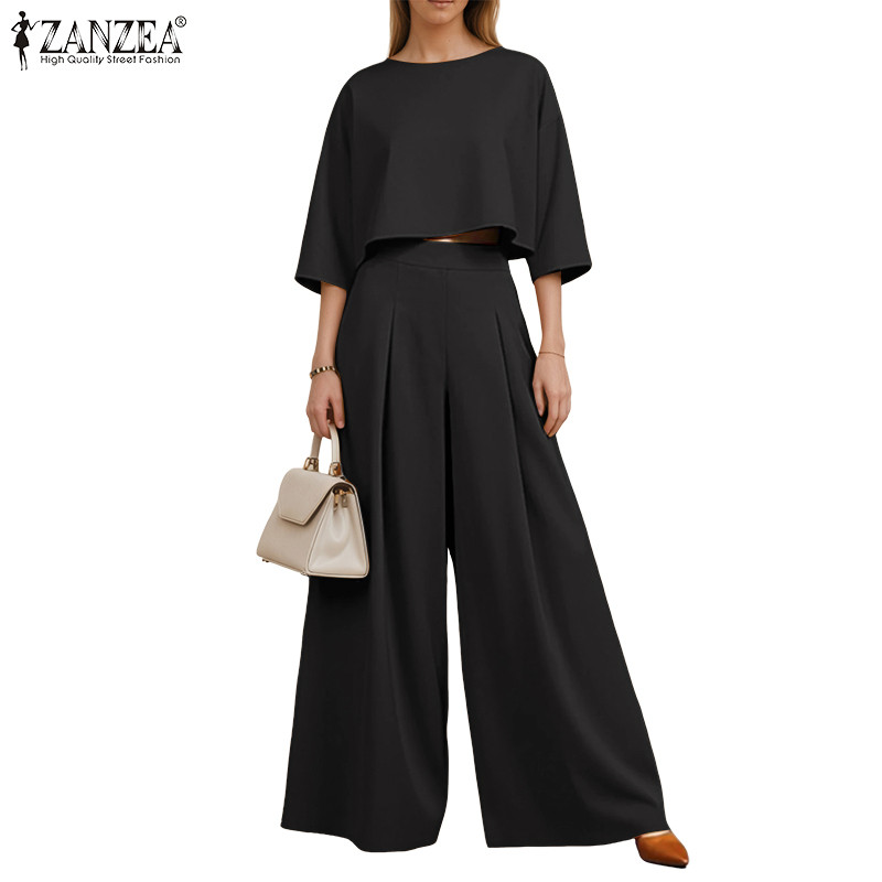 ZANZEA ชุดทำงานสำหรับผู้หญิง แขน3/4และเอวสูง กางเกงขากว้าง เหมาะสำหรับออฟฟิศ