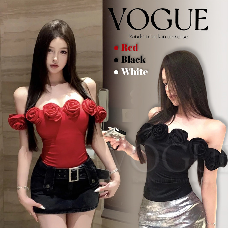 Vogue🌟พร้อมส่ง🌟 เสื้อเปิดไหล่ แต่งดอกไม้สีสดใส เสริมฟองน้ำ ใส่ง่าย (FY66030)