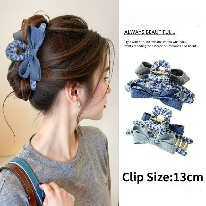 ยีนส์โบว์กิ๊บลายสก๊อตสีฟ้า กับคลิปตกแต่งหรูหรา เครื่องประดับผมสำหรับผู้หญิง