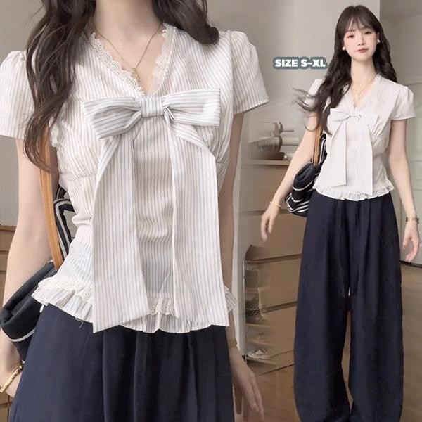 mimi&didi#เสื้อเชิ้ตคอวีลายทางโบว์สไตล์ฝรั่งเศสสำหรับผู้หญิง ดีไซน์ฤดูร้อน สวมใส่สบาย สไตล์ลูกไม้ต่อแขนสั้น#99193