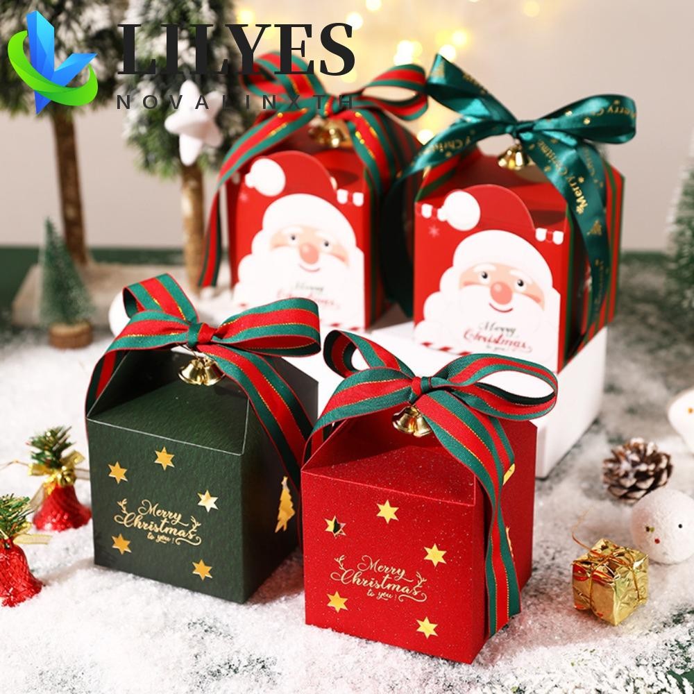 LILYES 6PCS Christmas Packing Box, Square with Bell and Ribbon Christmas Candy Box, Baking Packing B
