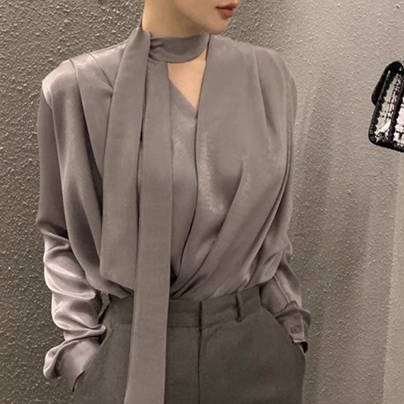 0 Anti-Wrinkle Lace-Upเสื้อเกาหลีรุ่นStreamer Tie Bowknotภาษาฝรั่งเศสคําVคอTop 5925h