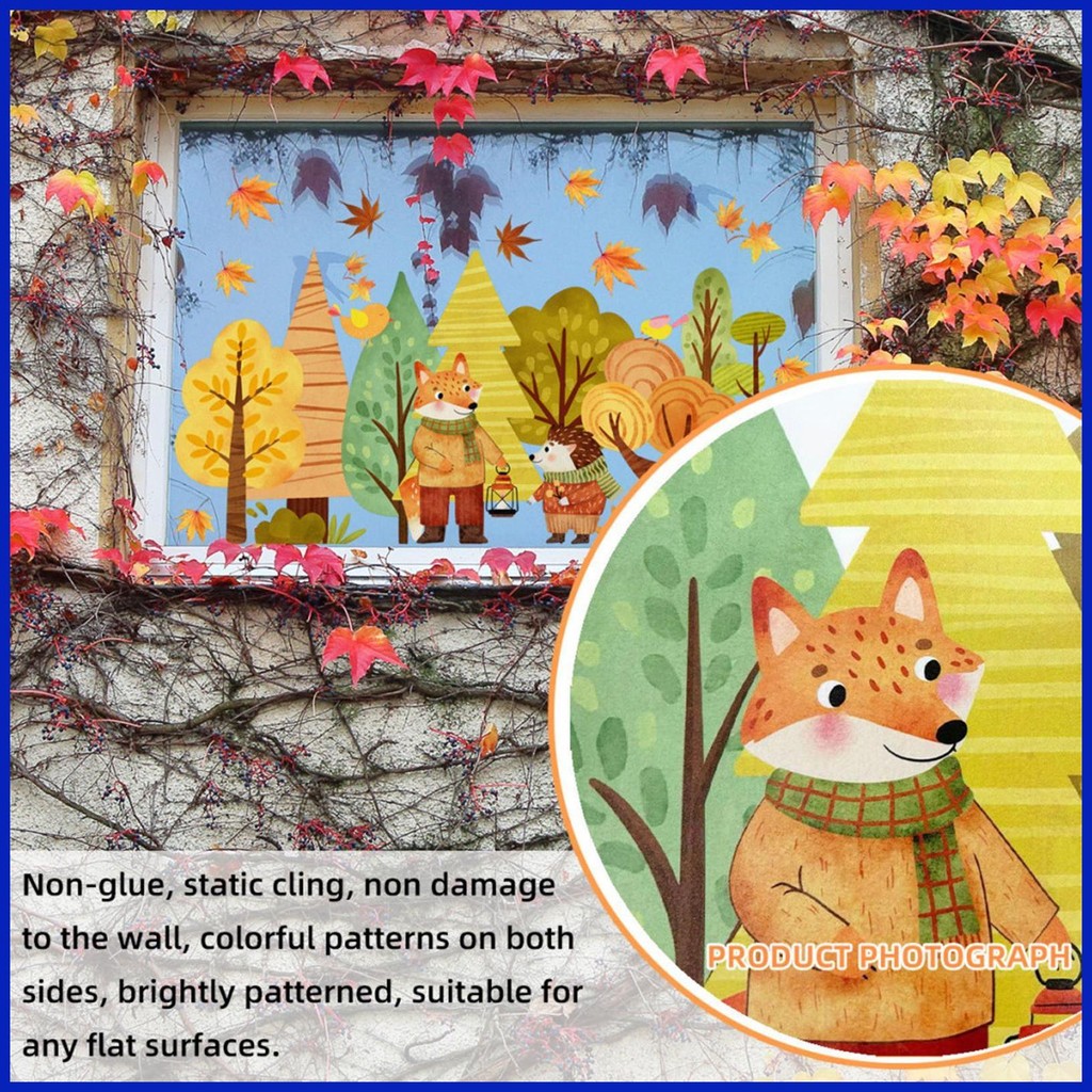 การ์ตูน Maple หน้าต่าง Clings การ์ตูน Maple ใบ Fox Static Decals PVC สติกเกอร์สัตว์ตกแต่งตามฤดูกาล H