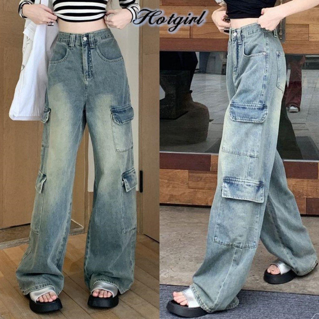 Hotgirl พร้อมส่ง กางเกงยีนส์เอวสูง กางเกงคาร์โก้ผู้หญิง S-XL กระเป๋าหลายช่อง ทรงขากว้าง สไตล์ย้อนยุคแบบอเมริกัน