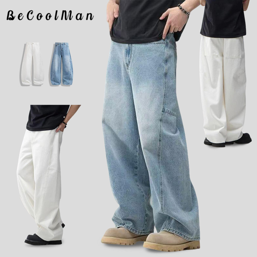 💥BecoolMan💥รุ่นใหม่ กางเกงยีนส์หลวม สามารถสวมใส่ได้ทั้งชายและหญิง เทรนด์ การออกแบบที่เรียบง่าย ระบายอากาศ สบาย