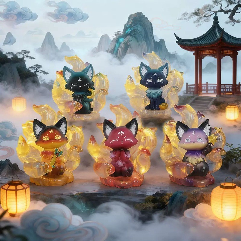 กล่องตาบอดสุนัขจิ้งจอกสไตล์หมึกจีน ตุ๊กตาจิ้งจอกเก้าหาง จิ้งจอกเรซินเรืองแสง ของขวัญเด็กผู้ชาย