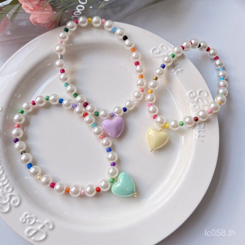 E18 ปลอกคอแมวสุนัขน่ารักฤดูร้อนรักสร้อยคอสัตว์เลี้ยงสีสันสดใส Dopamine ปลอกคอมุกตกแต่ง L2W0