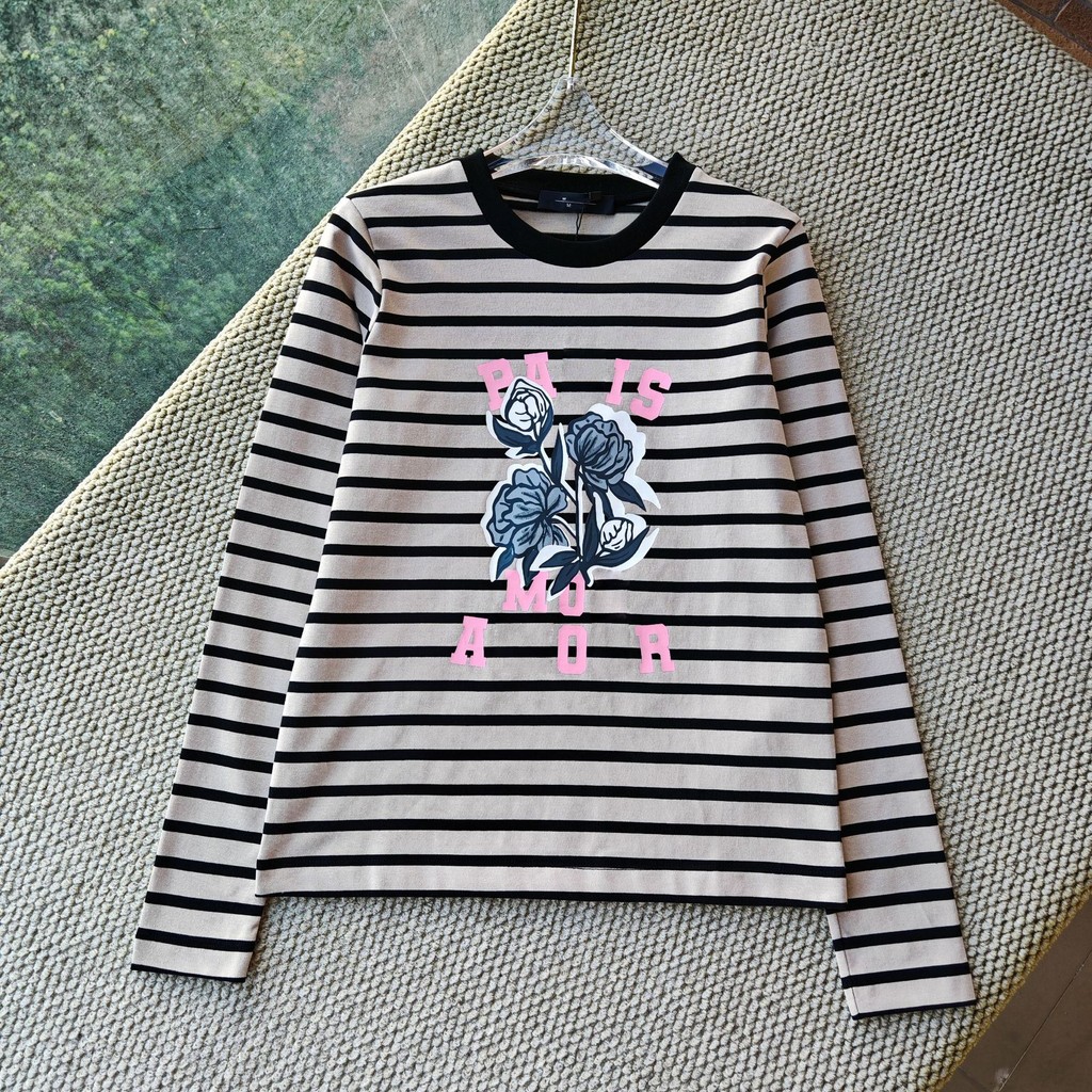 MaxMar* Autumn Winter New Striped Floral Slimming Round Neck Casual Versatile Long Sleeve Top for Wo