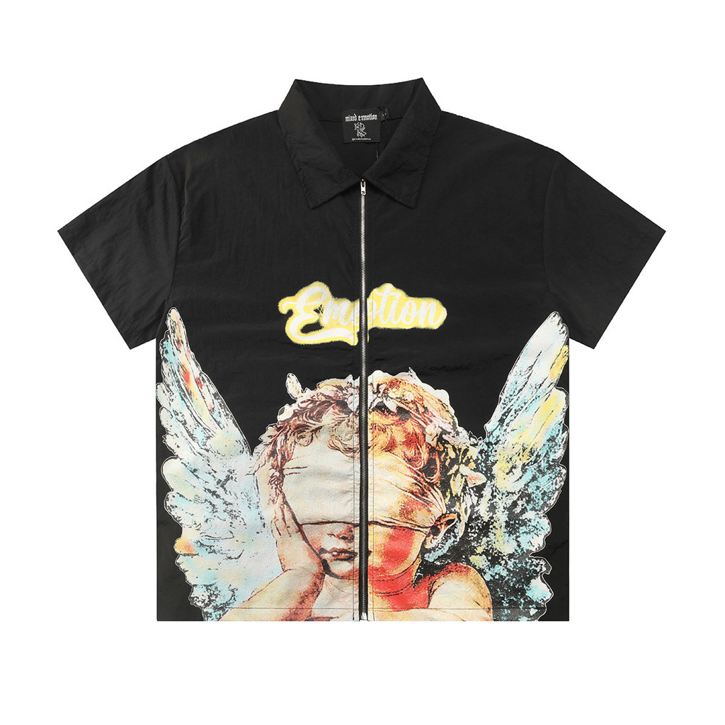 MIXED EMOTION American Street Angel Pattern Nylon Jacket Zipper Shirt Hip Hop Short Sleeve