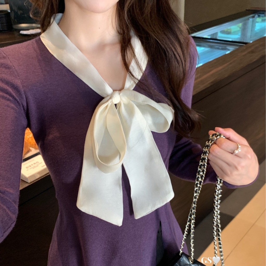 เสื้อผู้หญิงแขนยาว คอวี พร้อมโบว์ริบบิ้น สไตล์เกาหลีแบบใหม่ เหมาะสำหรับฤดูใบไม้ร่วงถึงฤดูหนาว