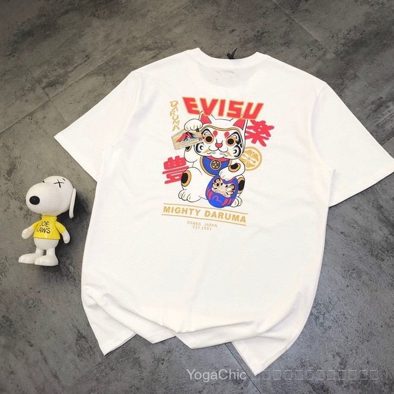 EVISU Fushen eVisu เสื้อยืดแขนสั้นพิมพ์ลาย สไตล์ STREET WEAR สำหรับทุกเพศ