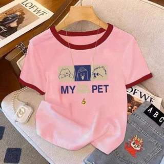 【กรุงเทพจัดส่งสินค้า】เสื้อครอปฤดูร้อนสาวอ้วน บางบางคอกลมแขนสั้น รัดรูปสลิมฟิตแสดงผอม แฟชั่น สดใส ไซส์ครอบ