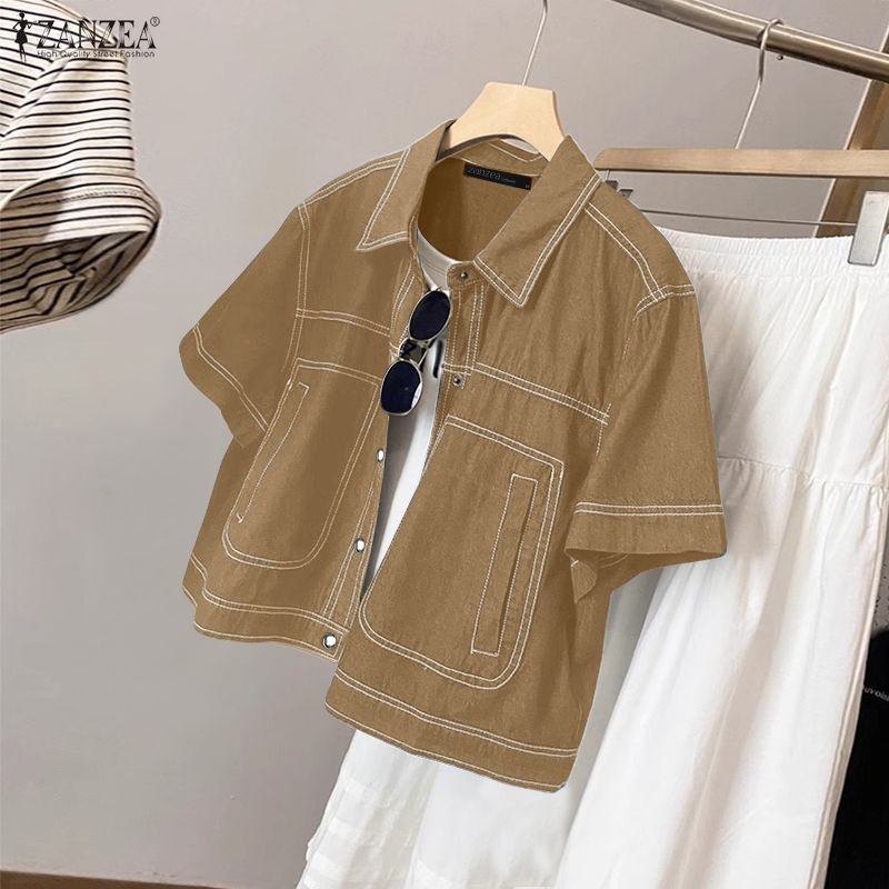 ZANZEA เสื้อเชิ้ตแขนสั้นสไตล์เกาหลี สำหรับผู้หญิง แต่งกายดูมีสไตล์ในทุกโอกาส ราคา ถูกที่สุด ดีลบีเคเค แกลเลอรีภาพที่ 5