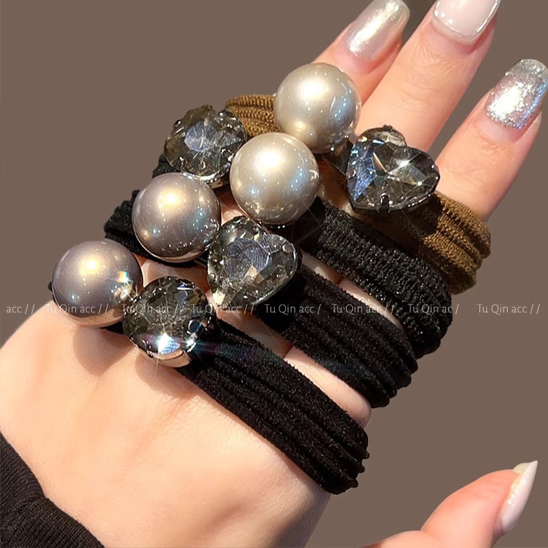High-End Pearl Headbandหญิงผูกผมยางรัดผมหางม้าเชือกผมInfluencerผมTie Ball Headdress Black Love RhinestoneผมTie