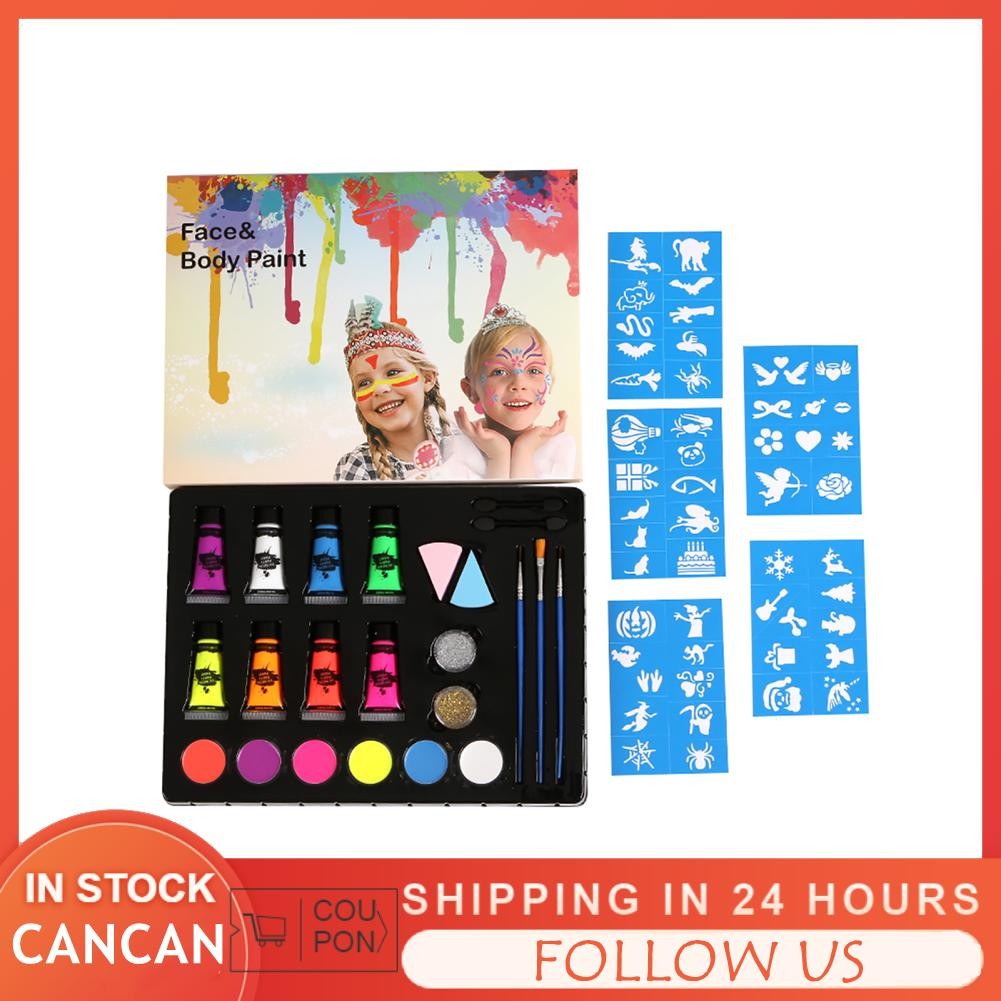 Cancanshop Professional Face Paint Kit แต่งหน้า Palette 50 ลายฉลุ 6 Facepaints 8 UV Glow สีนีออน 2 G