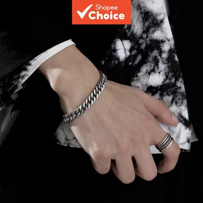 Unisex Hip Hop Cuban Link Chain สร้อยข้อมือเงินสแตนเลสป้องกันการซีดจาง