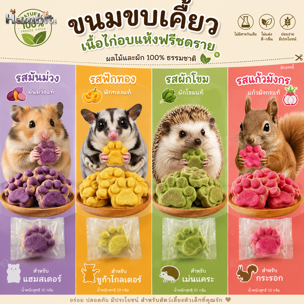 Hambit. ขนมสัตว์เลี้ยง freeze-dried รูปอุ้งเท้า ขนมแฮมสเตอร์ ชูการ์ กระรอก เม่นแคระ (10g)