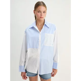 [Pomelo] เสื้อเชิ้ตลายทางและลายดอกไม้ / Striped Floral Panel Shirt