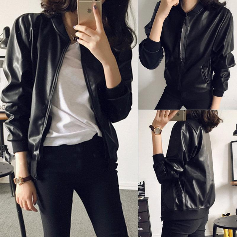 mimi&didi[สินค้าพร้อมส่ง]เสื้อแขนยาวหนังซิปหน้าทรงเบสบอลสีดำ แจ็คเก็ตสั้น สไตล์เกาหลี ทรงหลวม สไตล์ไบค์เกอร์สุดเท่#99293