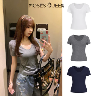 MOSESQUEEN เสื้อถักแขนสั้น ลายเส้นเรียบหรูสำหรับผู้หญิง ใส่ได้ทุกวัน #63359
